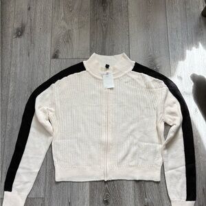 H&M Off-White Ribbed Zip-Up Sweater